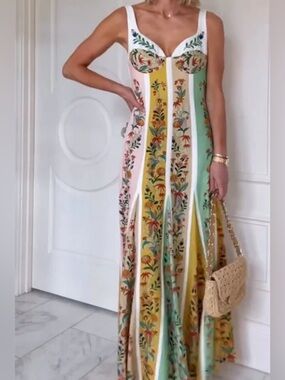 Christian Lacroix Floral Panel Maxi Dress in White, Yellow & Mint
